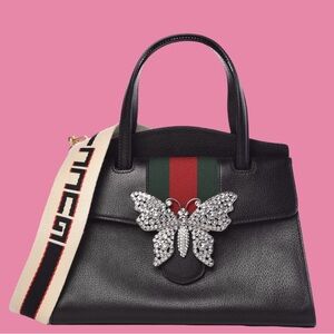 Gucci Grained Calfskin Web Crystal Butterfly Stripe Medium Totem Top Handle Bag